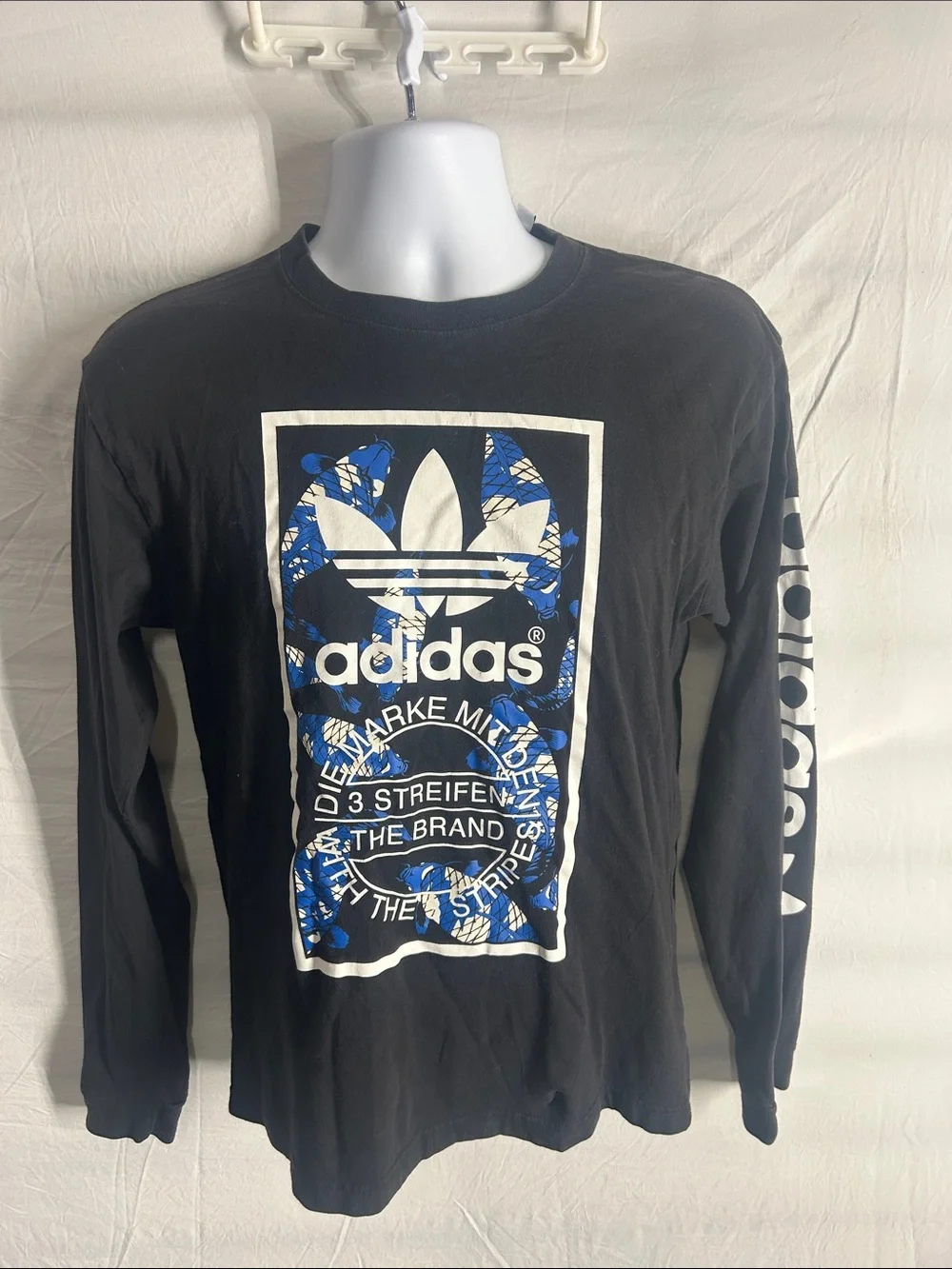 adidas Black Long Sleeve Tee with Blue & White Graphic